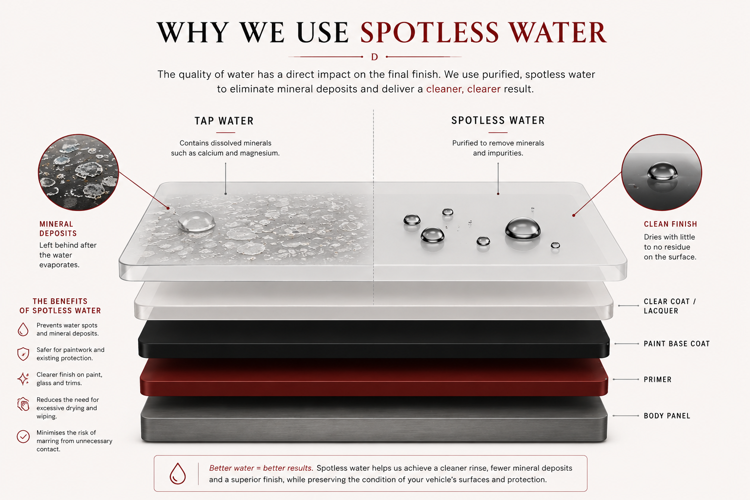 Diagram comparing tap water mineral deposits against spotless purified water drying with no residue
