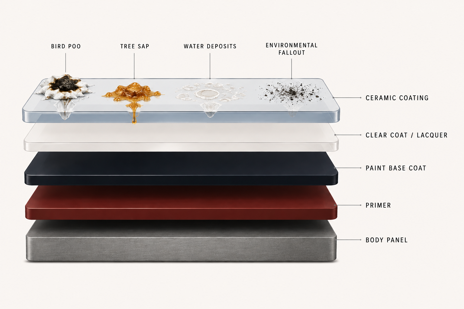 Diagram showing ceramic coating as an additional protective layer sitting above the clear coat