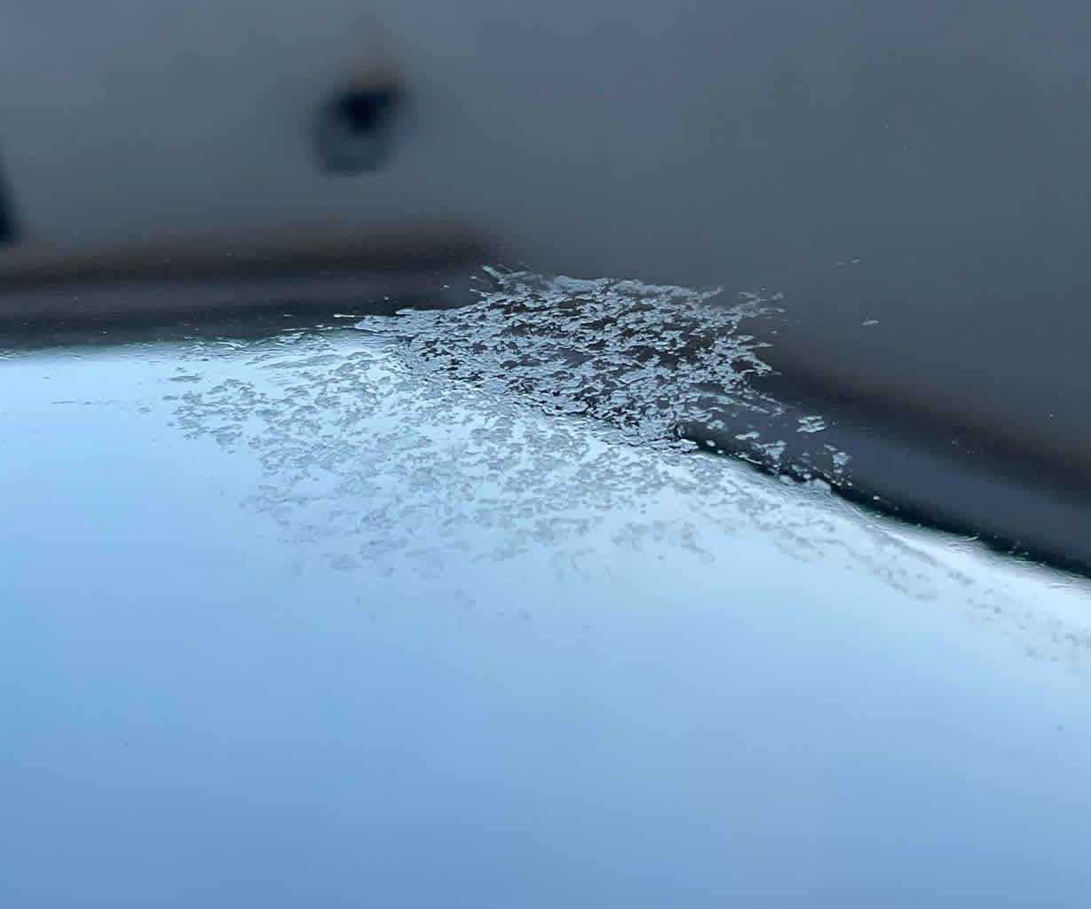 Close-up of bird dropping etching damage on a car's paintwork