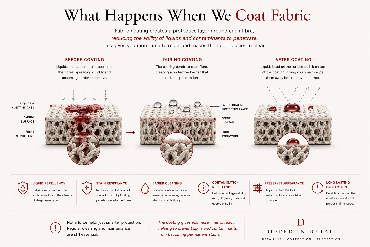 Diagram showing before, during and after fabric coating, with liquid beading on coated fibres